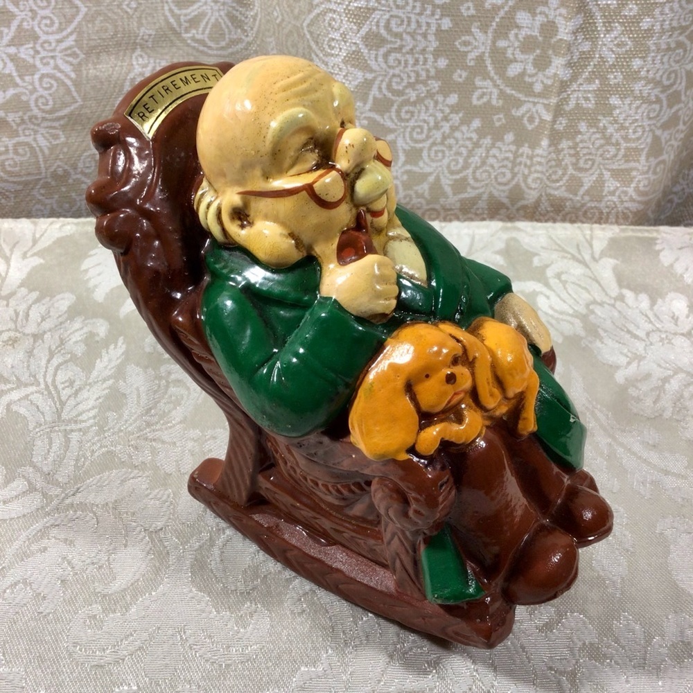 Vintage Piggybank Retirement Grandpa in Rocking Chair
